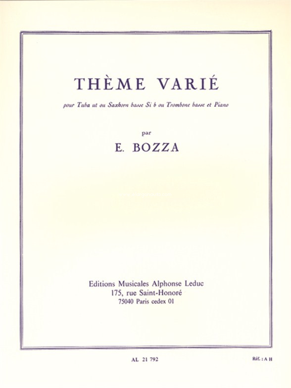 Thème Varié: for Tuba, Bass Saxhorn, or Bass Trombone and Piano, Bass Trombone, Tuba, Piano Accompaniment. 9790046217920