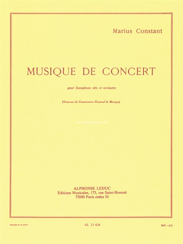 Musique de concert, pour saxophone alto et orchestre, réduction pour piano