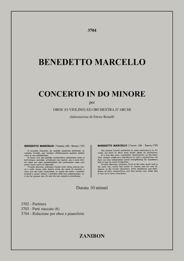 Concerto In Do Minore Per Oboe E Orchestra D'Archi: Elaborazione E. Bonelli - Per Oboe (O Violino) E Pianoforte, Oboe [2 Oboes] [Cor Anglais] and Piano. 9790520010320