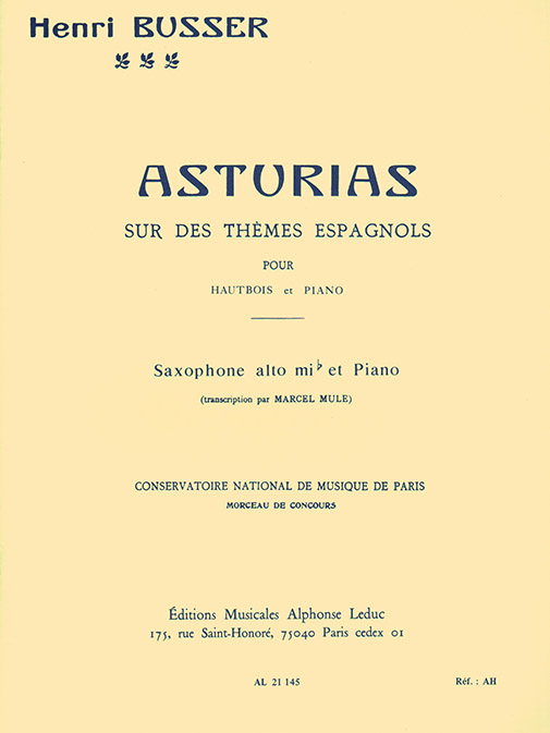 Asturias, sur des thèmes espagnoles, op. 84, pour saxophone alto Mi b et piano. 