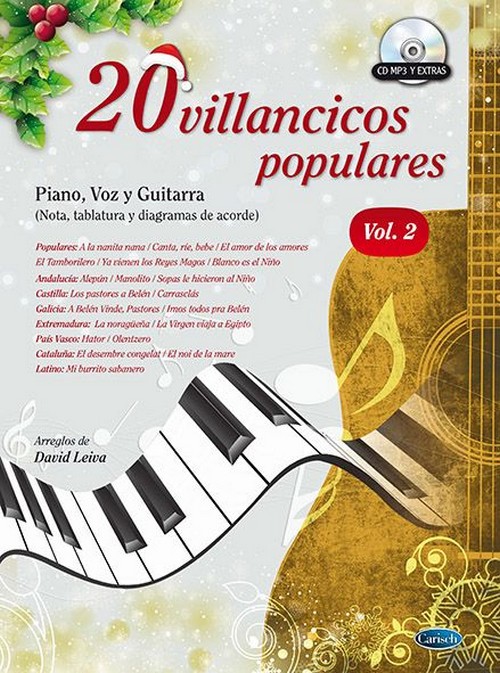 20 Villancicos populares, Vol. 2, piano, voz y guitarra (nota tablatura y diagramas de acorde) + CD