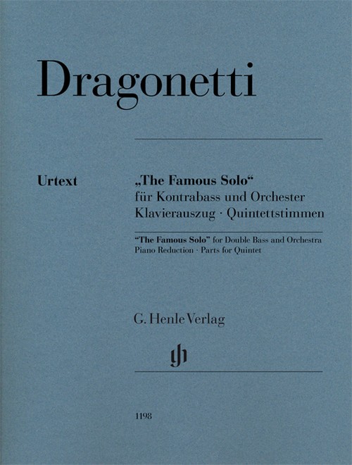 The Famous Solo for Double Bass and Orchestra, First edition of the arrangement for double bass and string quartet, piano reduction with solo parts. 9790201811987